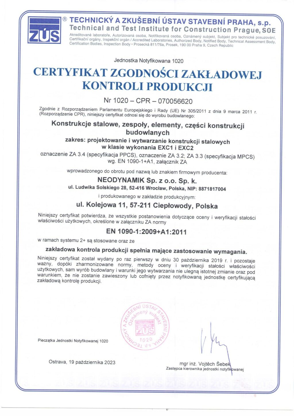 Certyfikat zgodności zakładowej kontroli produkcji