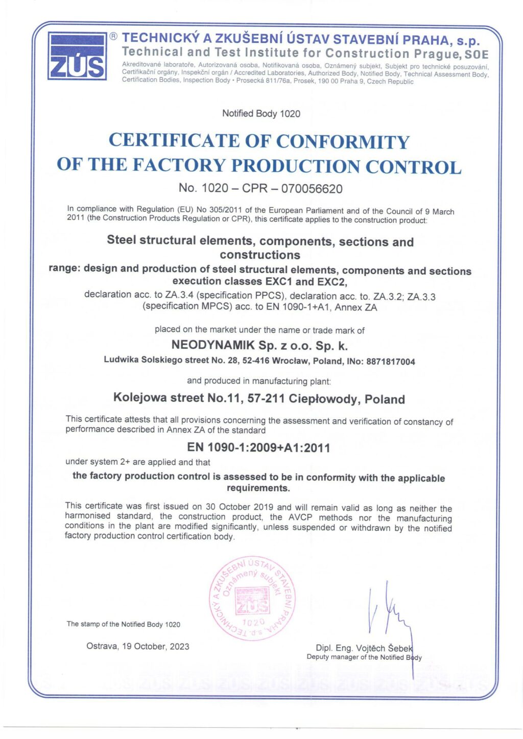 Certyfikat zgodności zakładowej kontroli produkcji